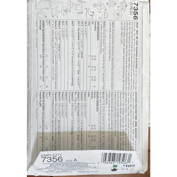 Simplicity Easy 7356 Fleece Vest Hats Mittens Booties Unisex Beanie Jester Uncut - Picture 3 of 3